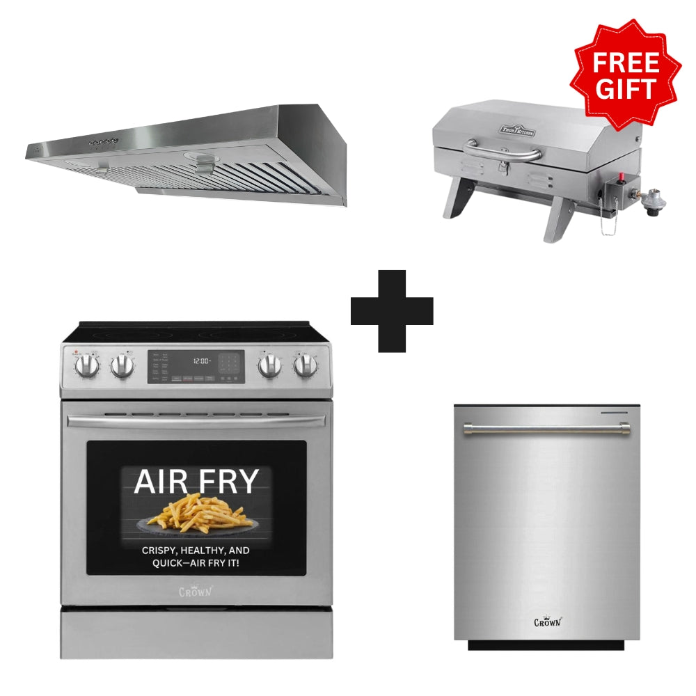 Crown 3-PC Bundle Set: 30" Electric Range + 30" Under Cabinet Range Hood + 24" Dishwasher + (FREE Gift) BBQ Grill