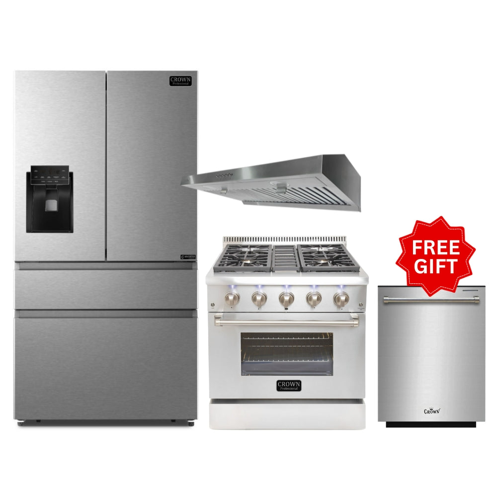 Crown 4-PC Bundle Set: 30" Dual Fuel Range + 30" Under Cabinet Range Hood + 36" Fridge + (FREE Gift) 24" Dishwasher