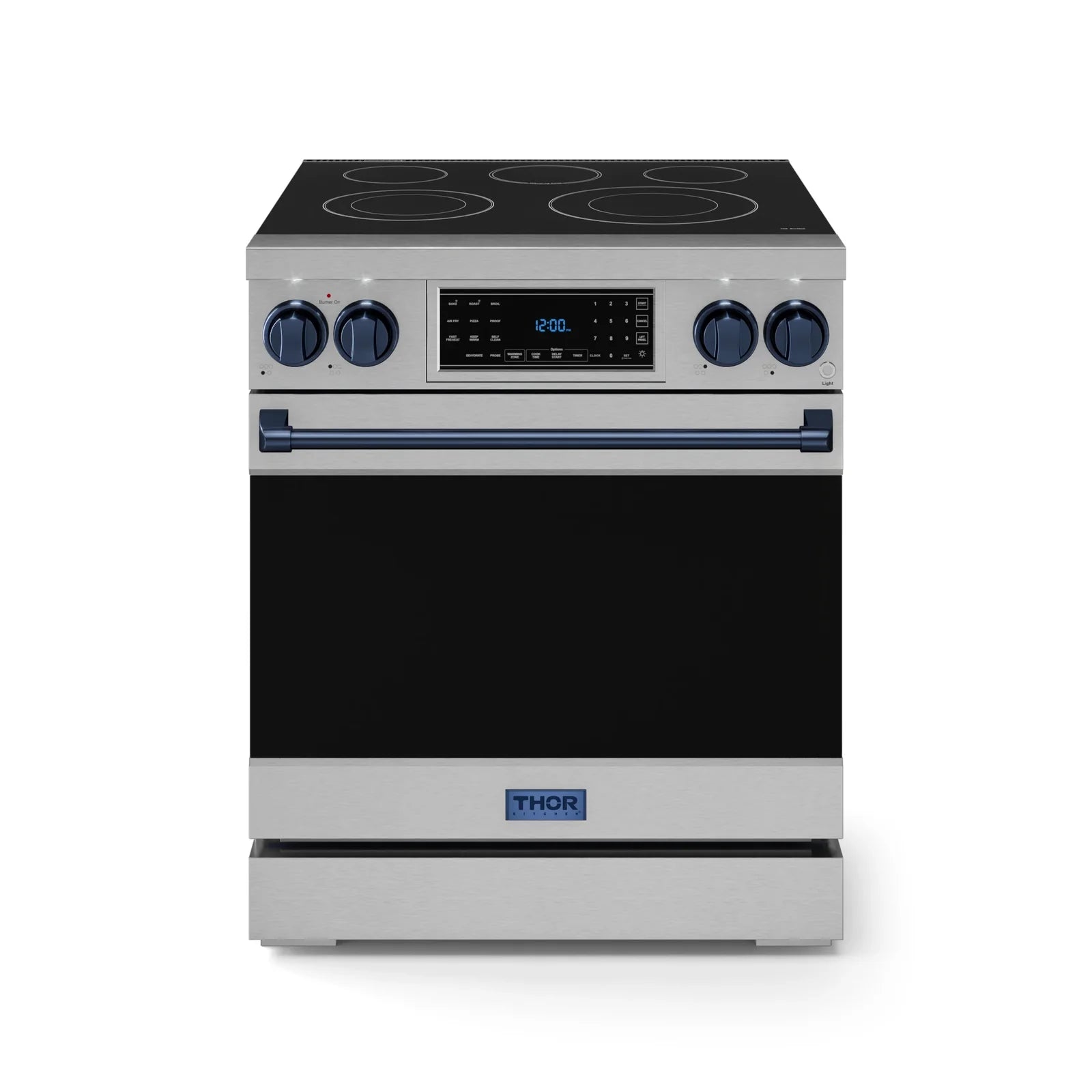 Thor Kitchen Gordon Ramsay Series 30-Inch Professional Electric Range with Tilt Panel Touch Control in Stainless Steel with Navy Blue Trim RSE30-BLU