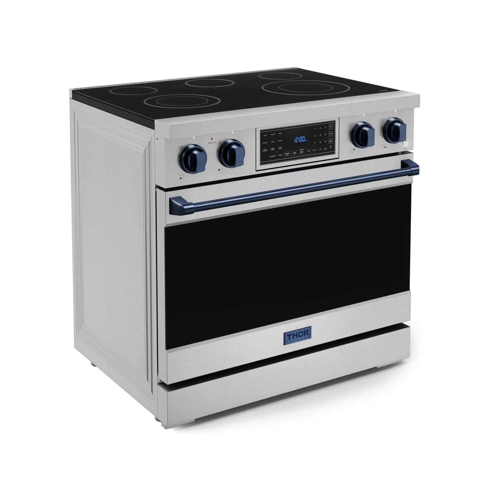 Thor Kitchen Gordon Ramsay Series 36-Inch Professional Electric Range with Tilt Panel Touch Control in Stainless Steel with Navy Blue Trim RSE36-BLU