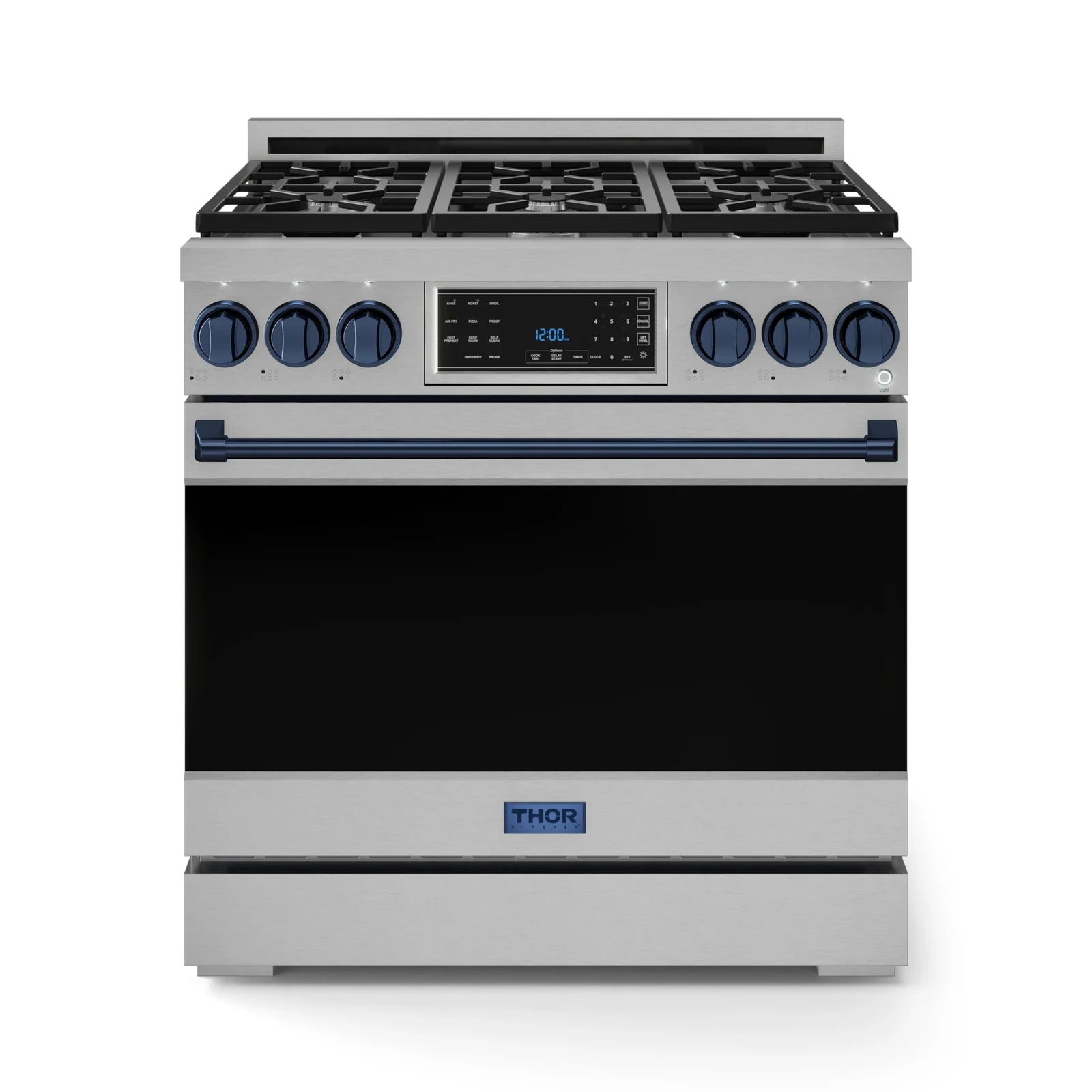 Thor Kitchen Gordon Ramsay Series 36-Inch Professional Liquid Propane/Gas Range with Tilt Panel Touch Control in Stainless Steel with Navy Blue Trim RSG36-BLU/RSG36LP-BLU