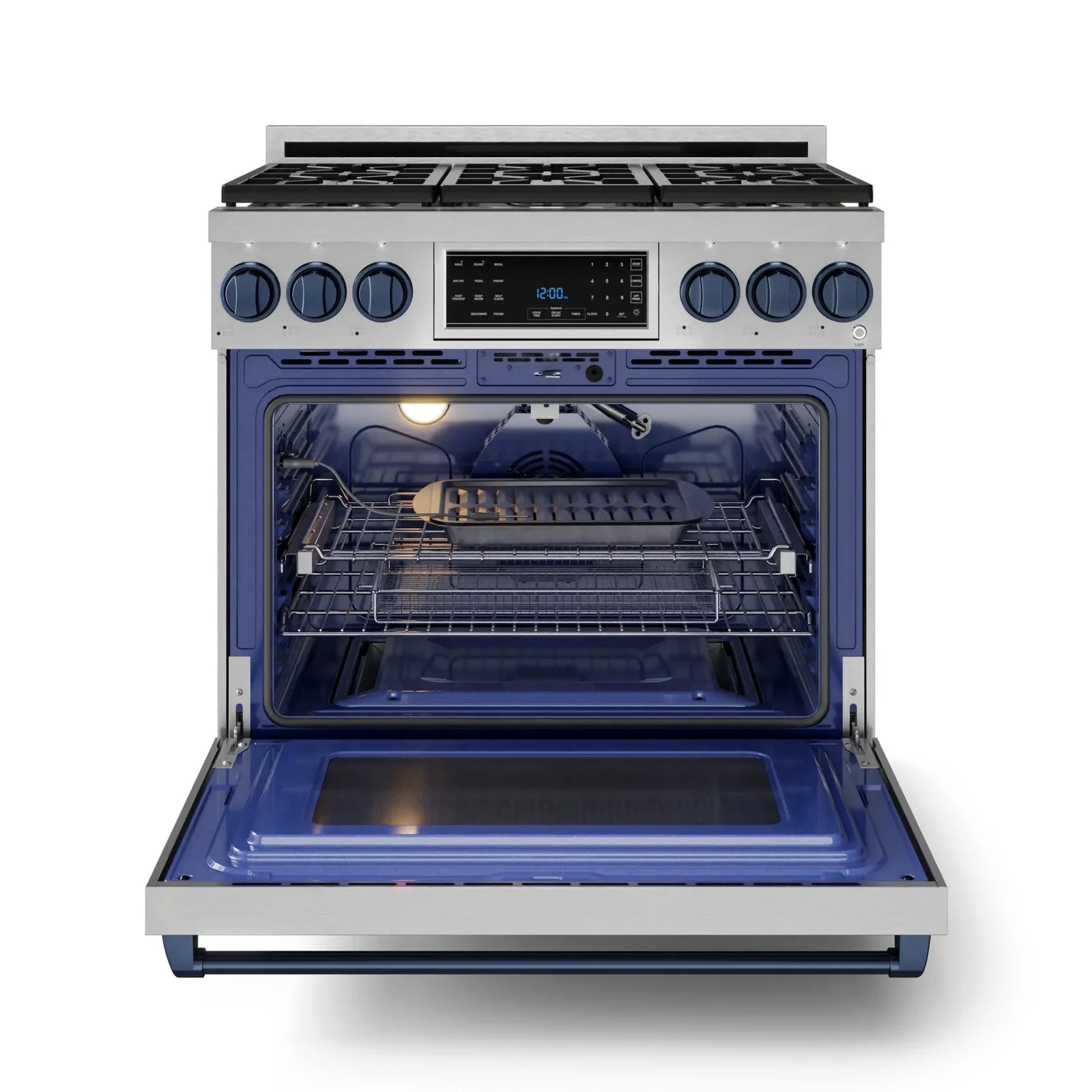 Thor Kitchen Gordon Ramsay Series 36-Inch Professional Liquid Propane/Gas Range with Tilt Panel Touch Control in Stainless Steel with Navy Blue Trim RSG36-BLU/RSG36LP-BLU