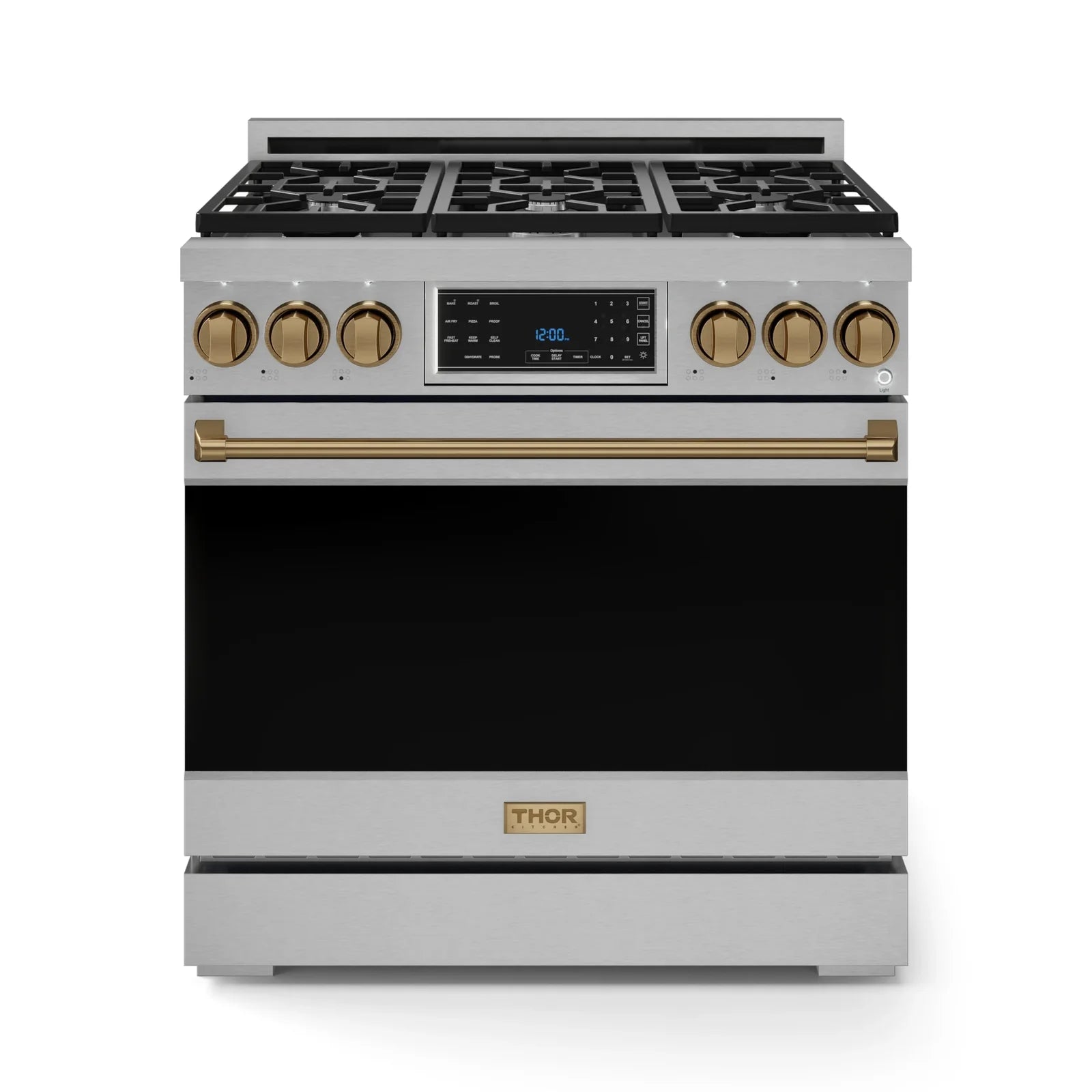 Thor Kitchen Gordon Ramsay Series 36-Inch Professional Liquid Propane/Gas Range with Tilt Panel Touch Control in Stainless Steel with Bronze Trim RSG36-BRZ/RSG36LP-BRZ