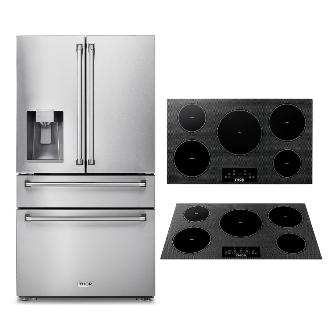2-PC Thor Kitchen Bundle Set: 36" French Door Refrigerator + 36" Induction Cooktop