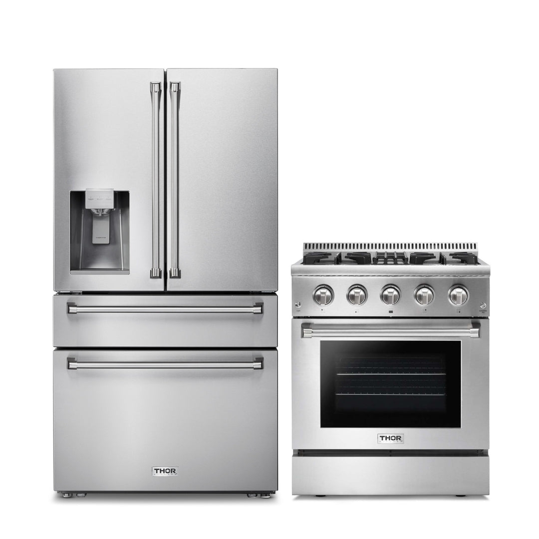 2-PC Thor Kitchen Bundle Set: 36" French Door Refrigerator + 30" Dual Fuel Gas Range