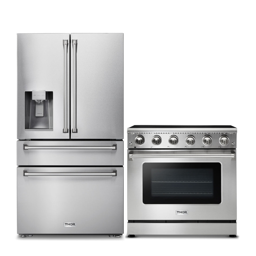 2-PC Thor Kitchen Bundle Set: 36" French Door Refrigerator + 36" Electric Range