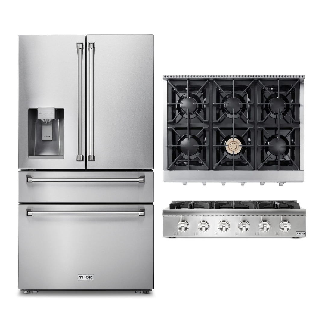 2-PC Thor Kitchen Bundle Set: 36" French Door Refrigerator + 36" Gas Range Top