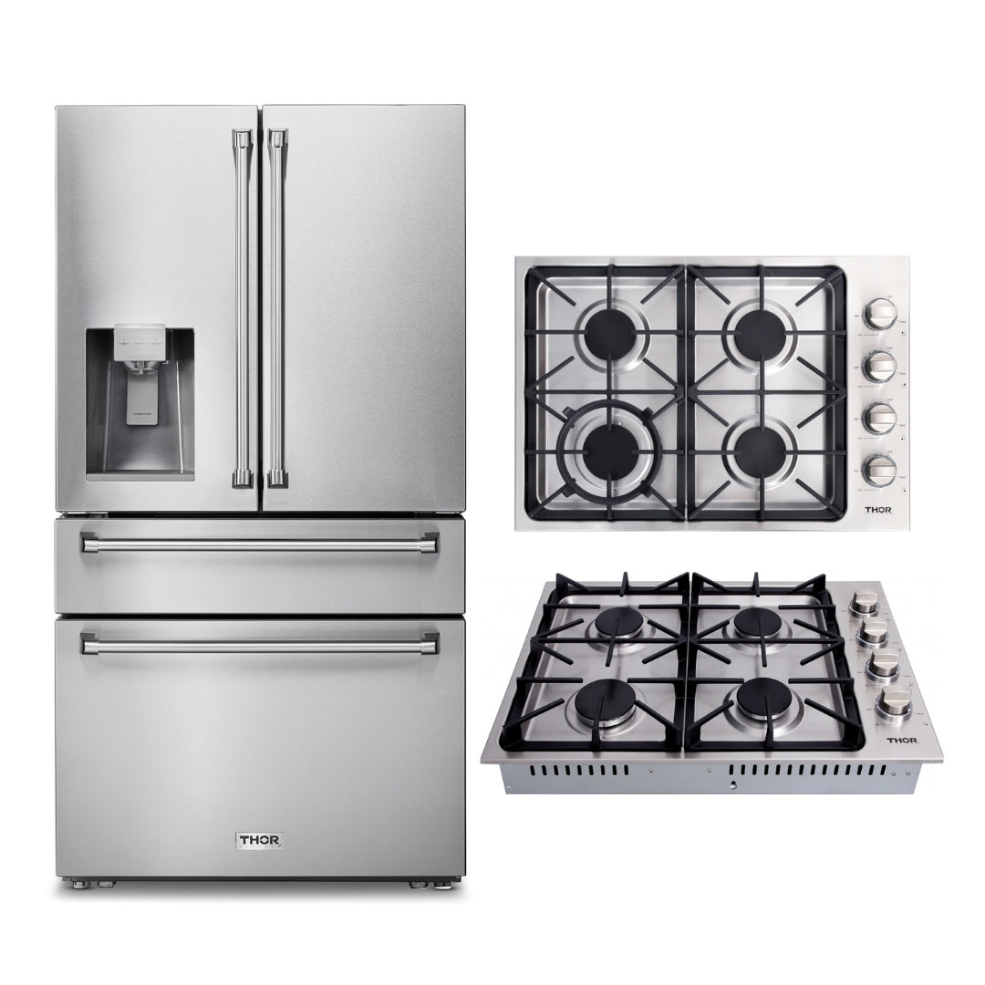 2-PC Thor Kitchen Bundle Set: 36" French Door Refrigerator + 30" Drop-in Gas Cooktop