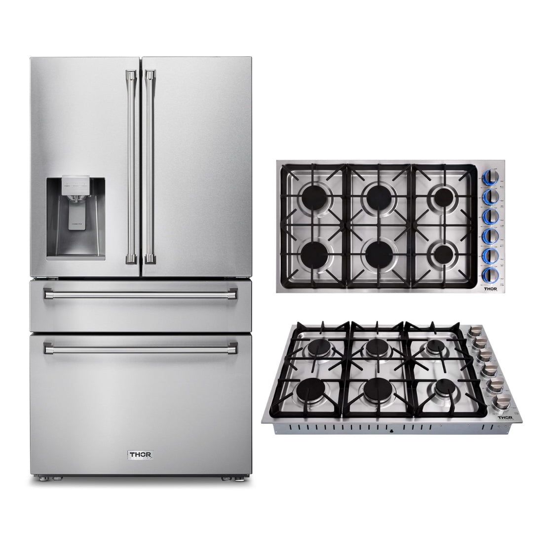 2-PC Thor Kitchen Bundle Set: 36" French Door Refrigerator + 36" Drop-in Gas Cooktop