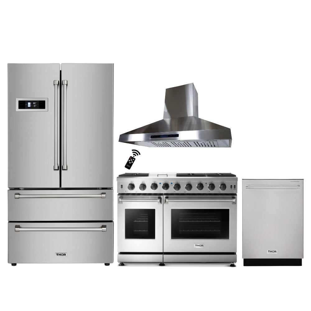 Thor Kitchen 4-Piece Stainless Steel Kitchen Set - 48" Gas Range, 36" Fridge, 48" Range Hood & 24" Dishwasher - Modern & Efficient Kitchen Appliances