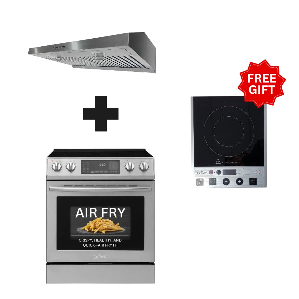 Crown 2-PC Bundle Set: 30" Electric Range + 30" Under Cabinet Range Hood + (FREE Gift) Hotplate