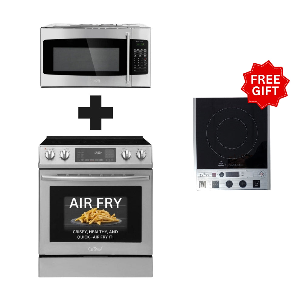 2-PC Bundle Set: Crown 30" Microwave Oven + 30" Electric Range + (FREE Gift) Hotplate