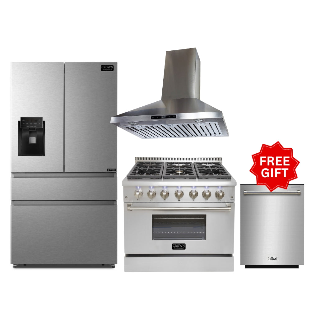 Crown 4-PC Bundle Set: 36" Dual Fuel Range + 36" Wall Mount Range Hood + 36" Fridge + (FREE Gift) 24" Dishwasher