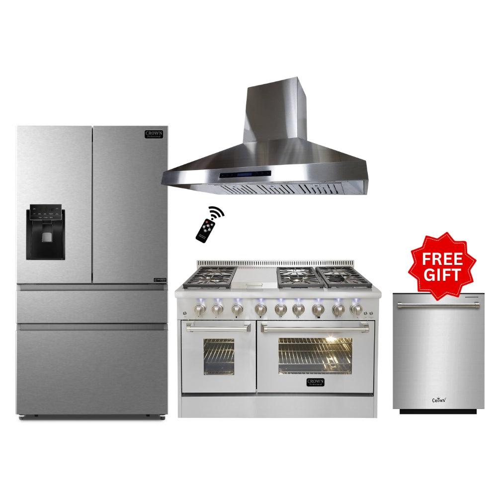 Crown 4-Piece Bundle Set: 48" Dual Fuel Range + 48" Wall Mount Range Hood + 36" Fridge + (FREE Gift) 24" Dishwasher