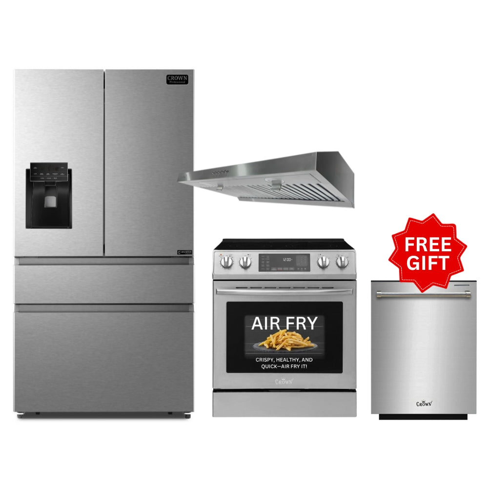 Crown 4-Piece Bundle Set: 30" Electric Range + 30" Under Cabinet Range Hood + 36" Fridge + (FREE Gift) 24" Dishwasher