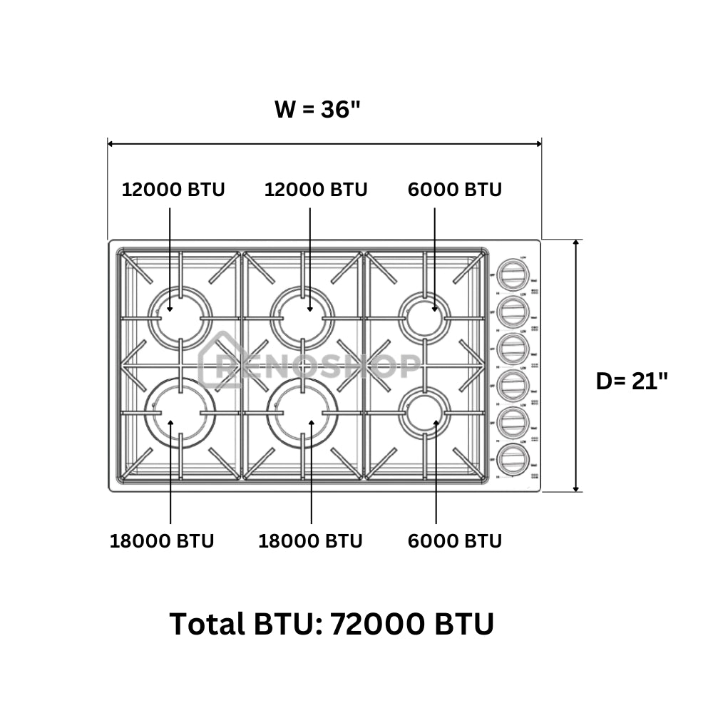 36" Professional 6 Burner Drop-In Stainless Steel Gas Cooktop LGC3601 72,000 BTU