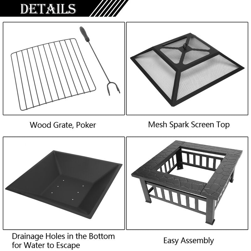 Crown Squared 32" Fire pit, BBQ outdoor steel wood burning Fireplace