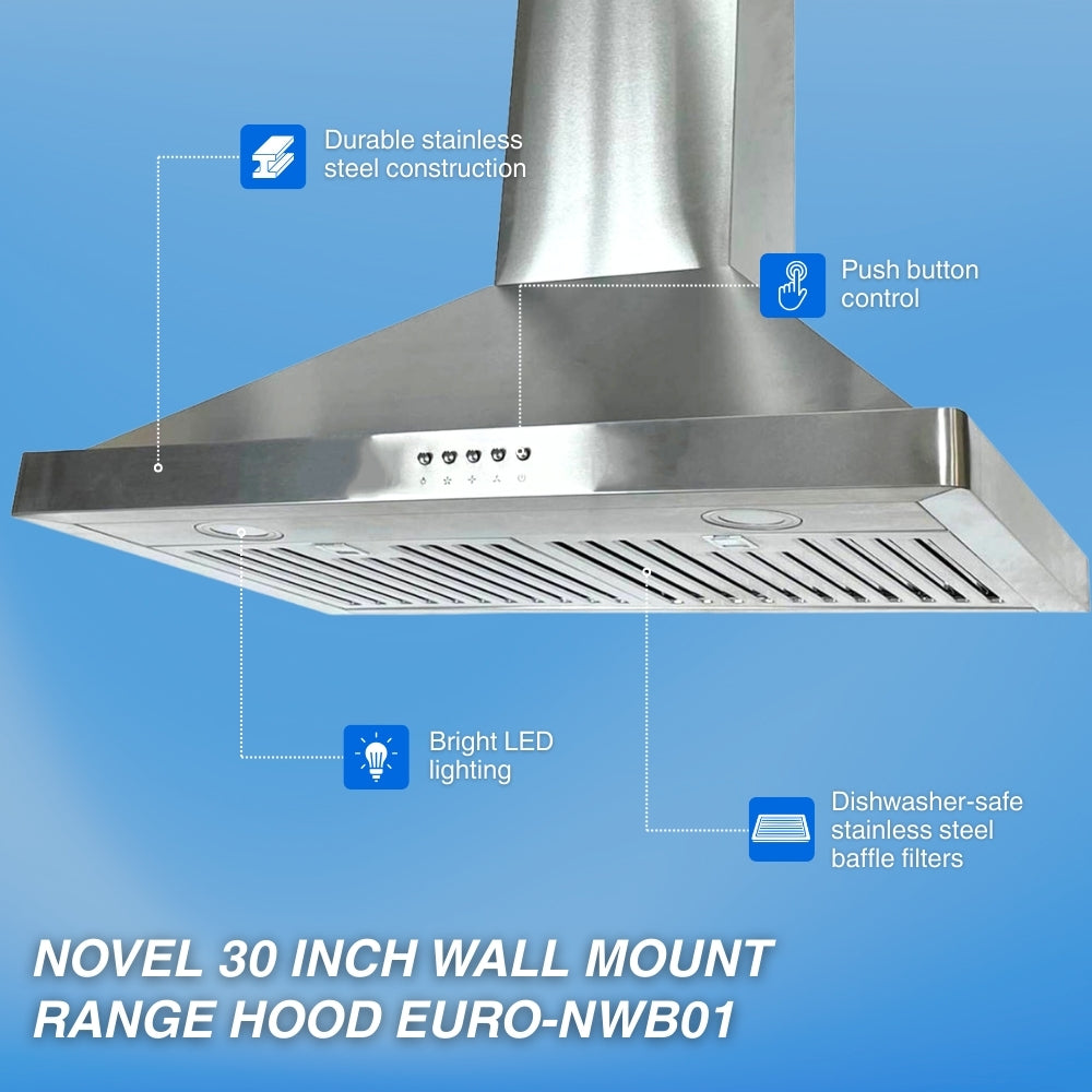 Novel 30 Inch 800 CFM Wall Mount Range Hood EURO-NWB01 -  Range Hood - NOVEL