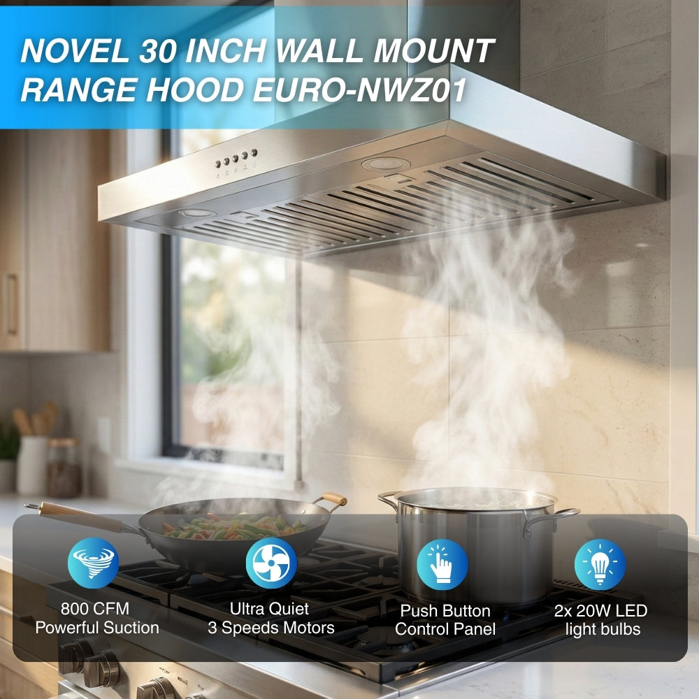 Novel 30 Inch 800 CFM Wall Mount Range Hood EURO-NWZ01