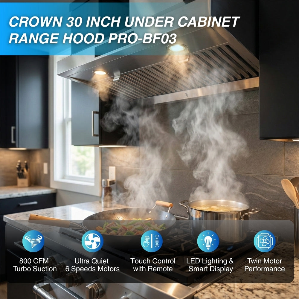 Crown 30 Inch 800 CFM Under Cabinet Range Hood with Remote PRO-BF03 -  Range Hood - Crown