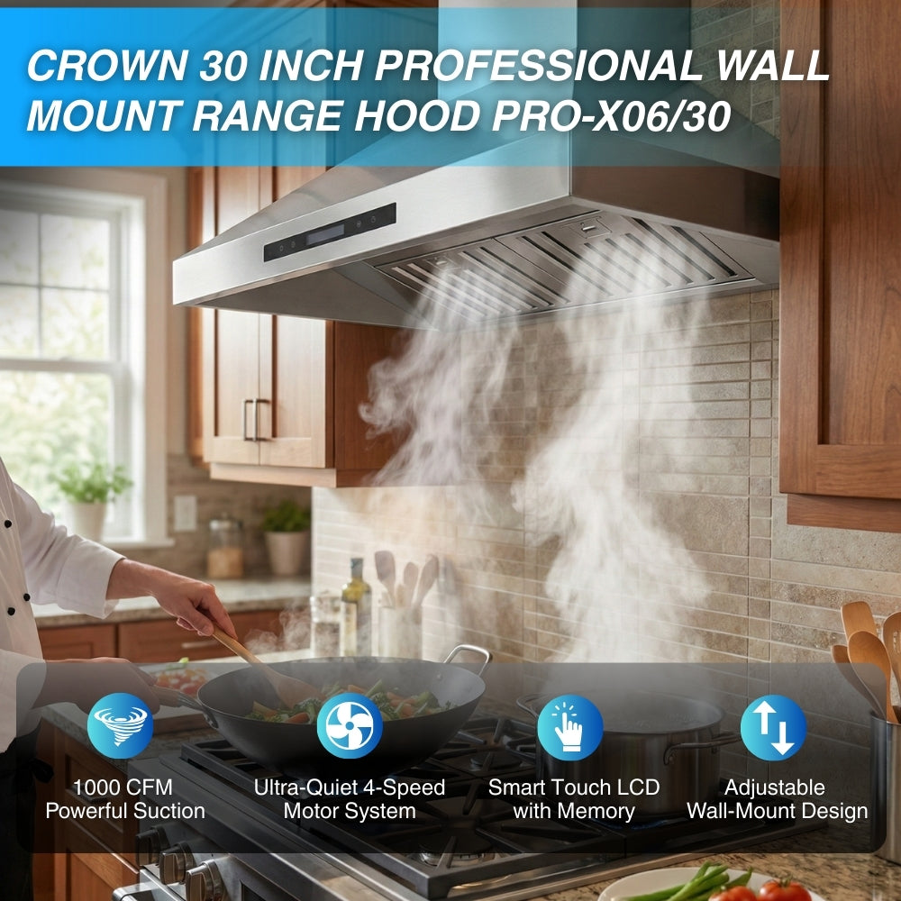Crown 30 Inch 1000 CFM Professional Wall Mount Range Hood PRO-X06/30 -  Range Hood - Crown