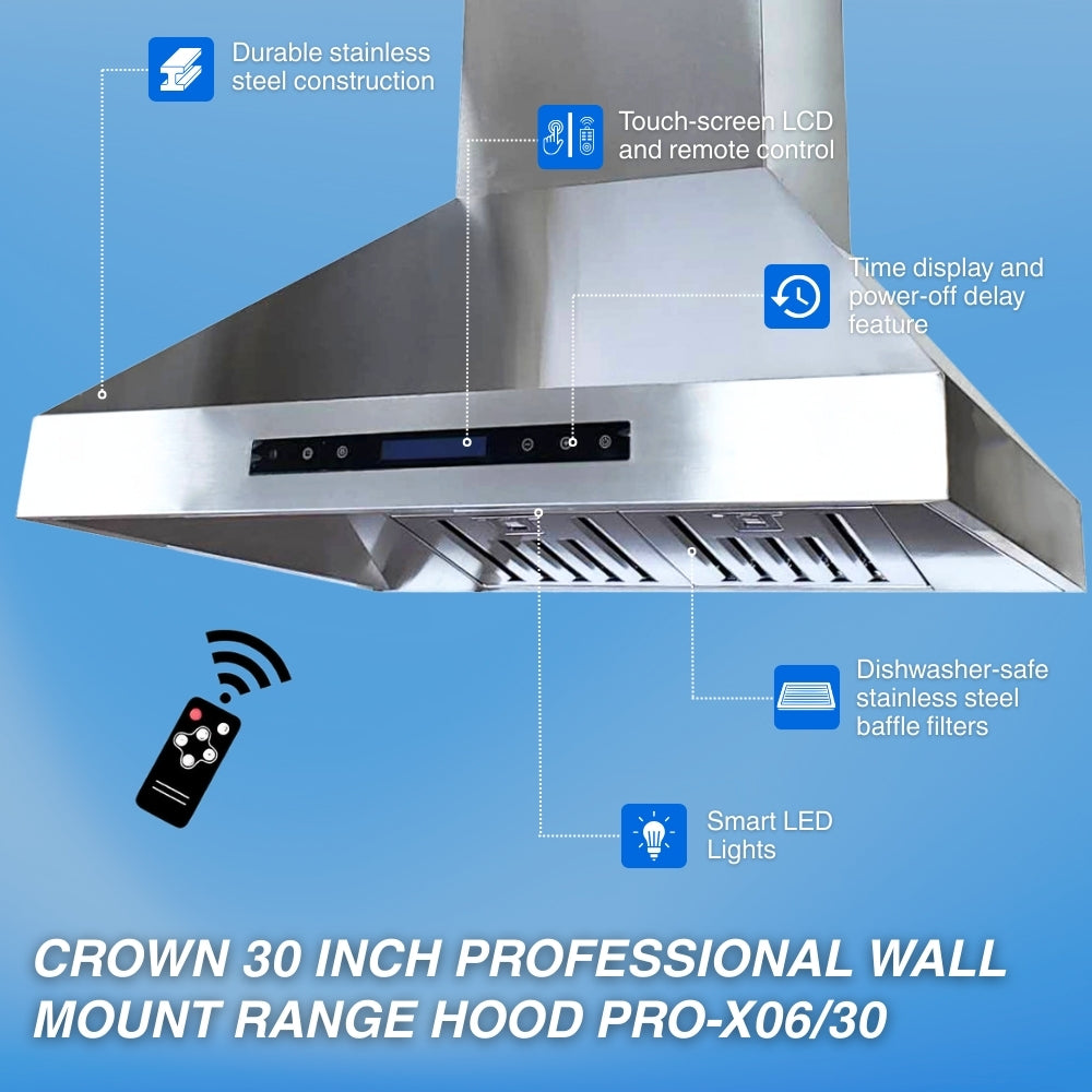 Crown 30 Inch 1000 CFM Professional Wall Mount Range Hood PRO-X06/30 -  Range Hood - Crown