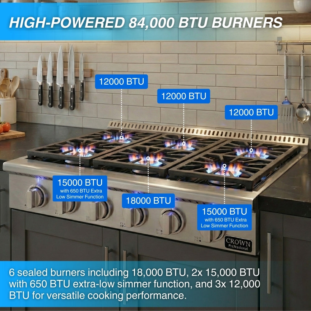 Crown Professional 36 Inch Gas Range Top with 84000 BTU  ART3601 - Open Box (NEW) -  Gas Range Top - Crown Professional