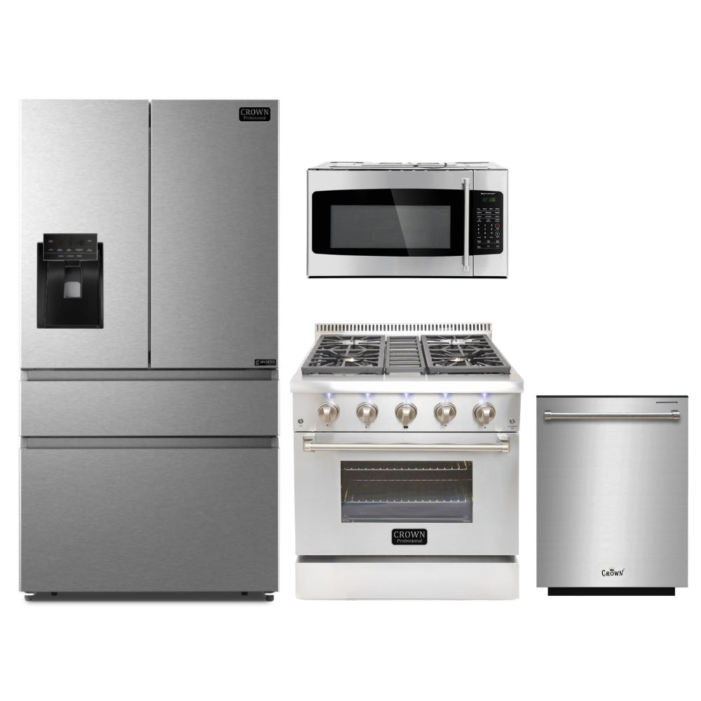 4-PC Bundle Set: Crown 30" Microwave Oven + 30" Dual Fuel Gas Range + 36" Refrigerator + 24" Dishwasher