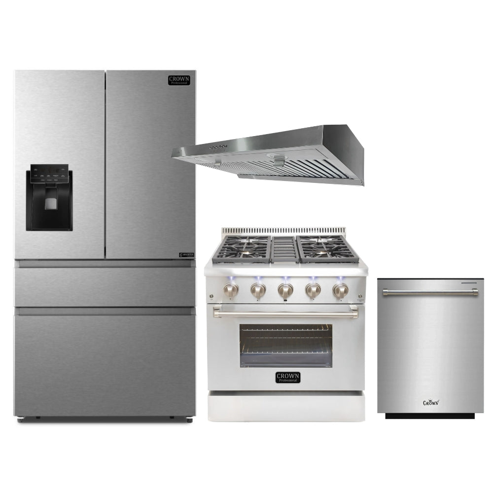 4-PC Bundle Set: Crown 30" Under Cabinet Range Hood + 30" Dual Fuel Gas Range + 36" Refrigerator + 24" Dishwasher