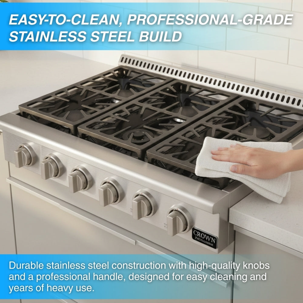 Crown Professional 36 Inch Gas Range Top with 84000 BTU  ART3601 - Open Box (NEW) -  Gas Range Top - Crown Professional