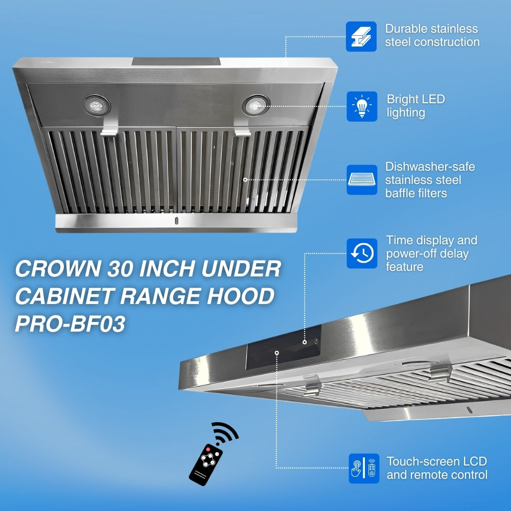 Crown 30 Inch 800 CFM Under Cabinet Range Hood with Remote PRO-BF03 -  Range Hood - Crown