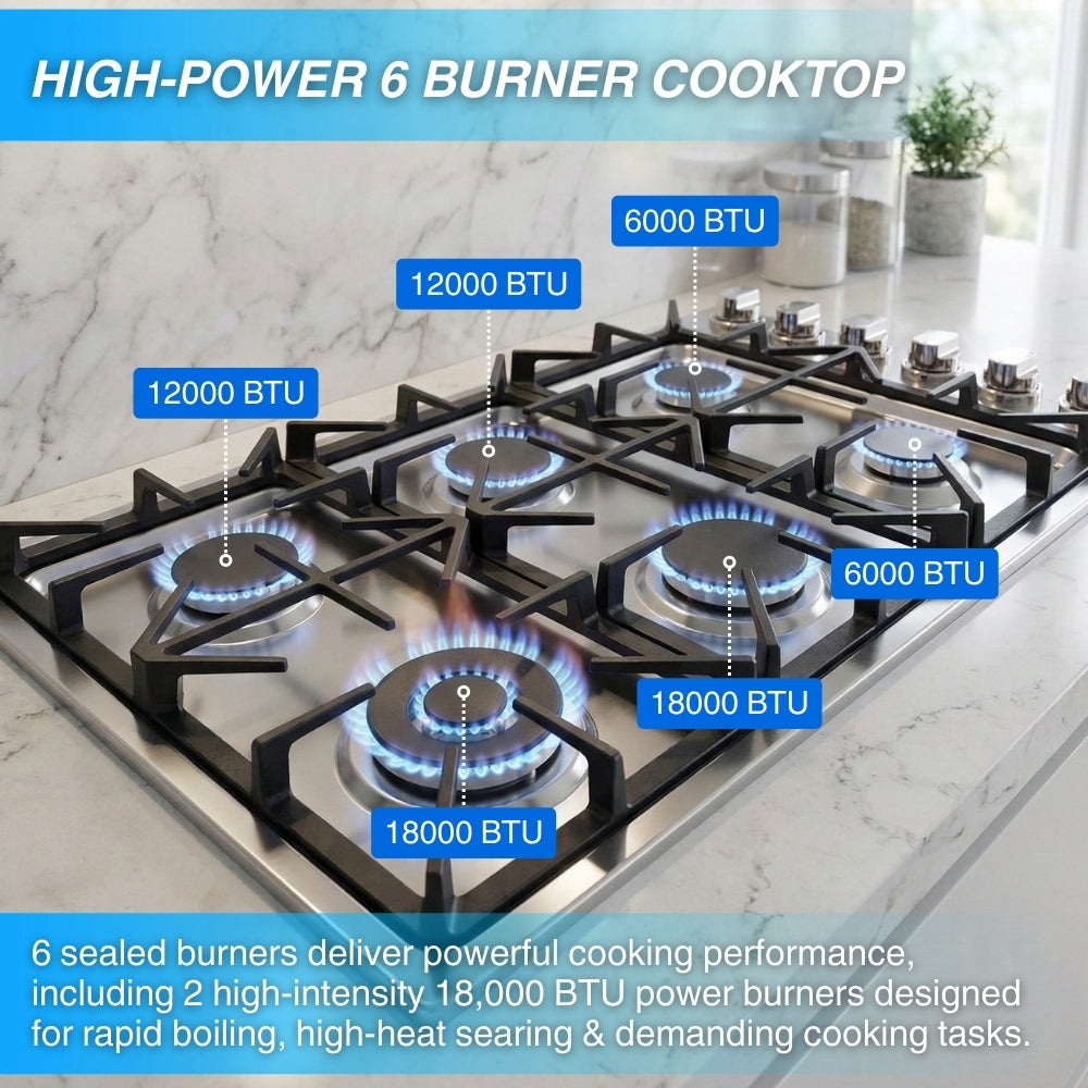 36 英寸专业 6 燃烧器嵌入式不锈钢燃气灶具 LGC3601 72,000 BTU