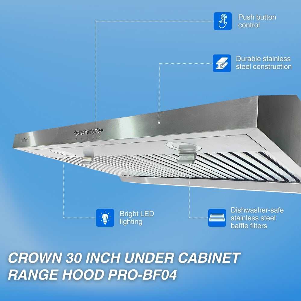 Crown 30 Inch 800 CFM Under Cabinet Range Hood PRO-BF04 -  Range Hood - Crown