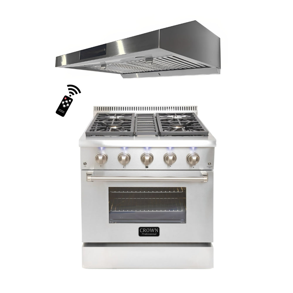 2-PC Bundle Set: Crown 30" Dual Fuel Gas Range + Crown 30" Under Cabinet Range Hood