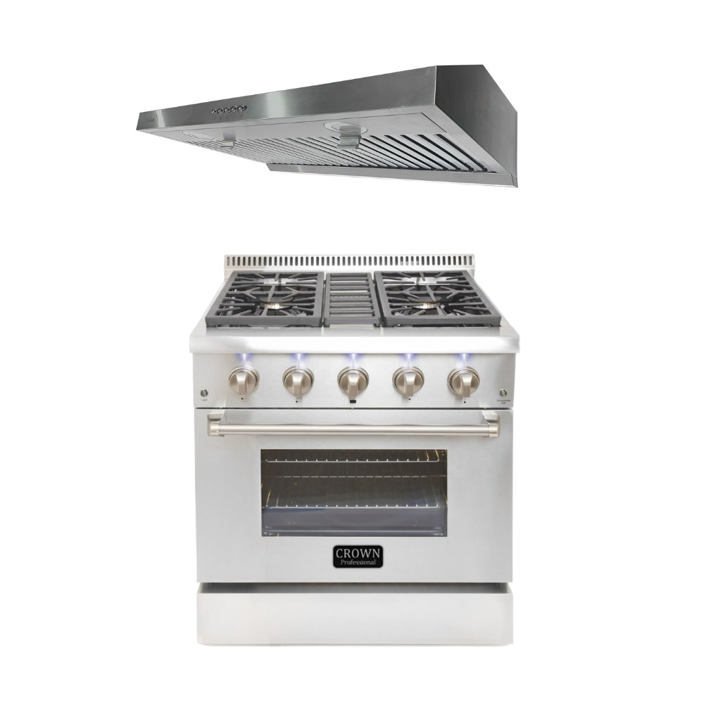 2-PC Bundle Set: Crown 30" Dual Fuel Gas Range + Crown 30" Under Cabinet Range Hood