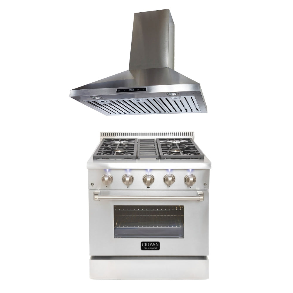 2-PC Bundle Set: Crown 30" Dual Fuel Gas Range + Crown 30" Wall Mount Range Hood