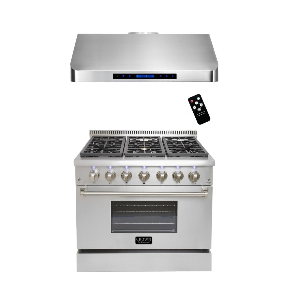 2-PC Bundle Set: Crown 36" Under Cabinet Range Hood + Crown 36" Dual Fuel Gas Range