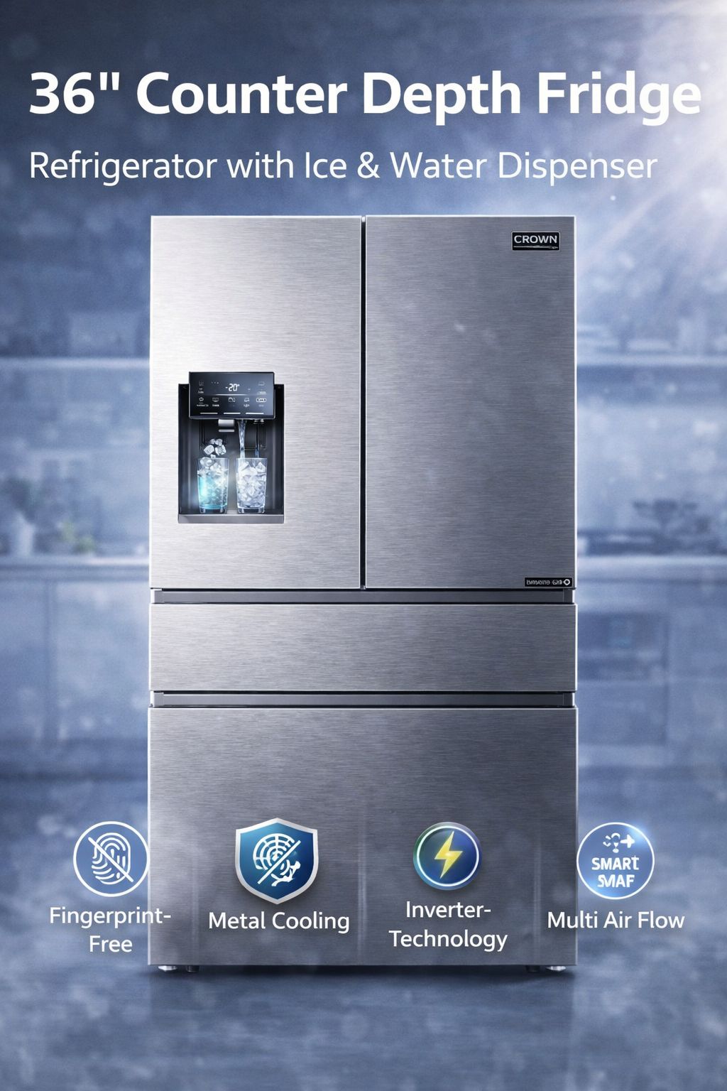 Crown 36 英寸 4 门台式冰箱，带制冰机和饮水机 ARF3601