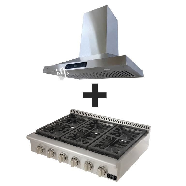 36" Gas Range Top + 36" Wall Mount Rangehood 2-pc Crown Appliance Package
