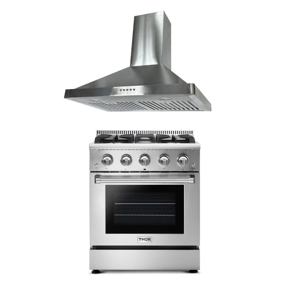 2-PC Bundle Set: Thor Kitchen 30" Gas Range + Novel 30" Wall Mount Range Hood