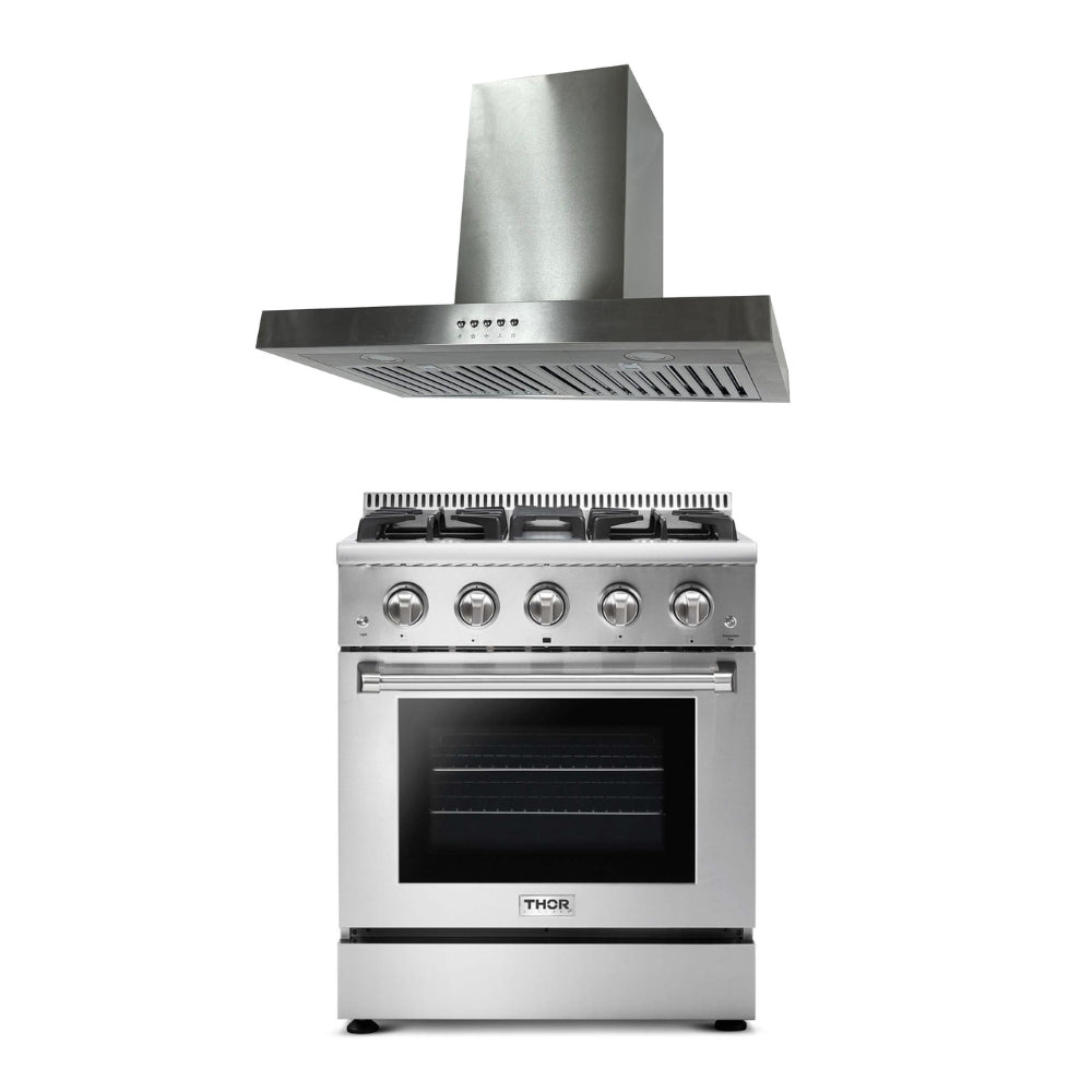 2-PC Bundle Set: Thor Kitchen 30" Gas Range + Novel 30" Wall Mount Range Hood