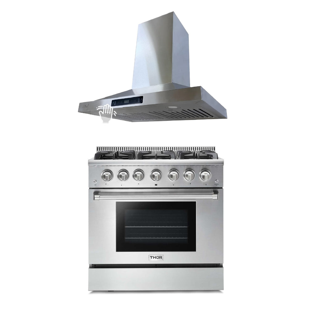 2-PC Bundle Set: Crown 36" Wall Mount Range Hood + Thor Kitchen 36" Gas Range