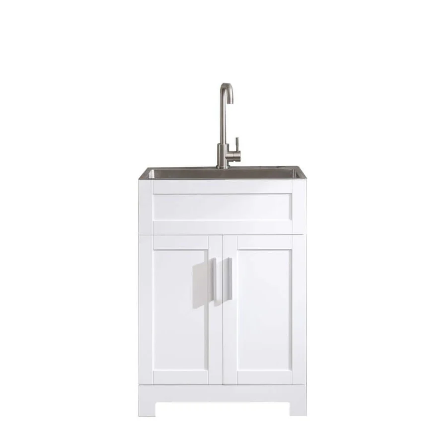 CROWN 24" White Laundry Tub Cabinet with Stainless Steel Sink and Faucet