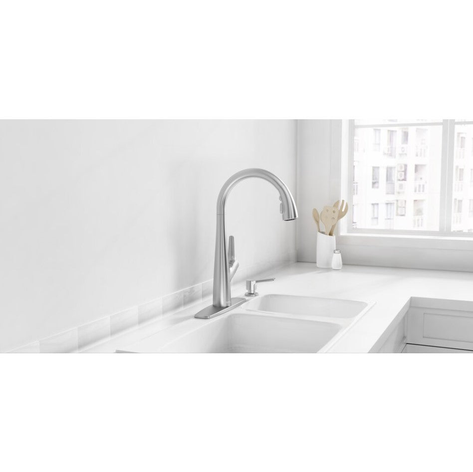 American Standard Kerris Single Handle 3-Spray Pull-Down Kitchen Faucet in Stainless Steel with Soap Dispenser - 9129301.075
