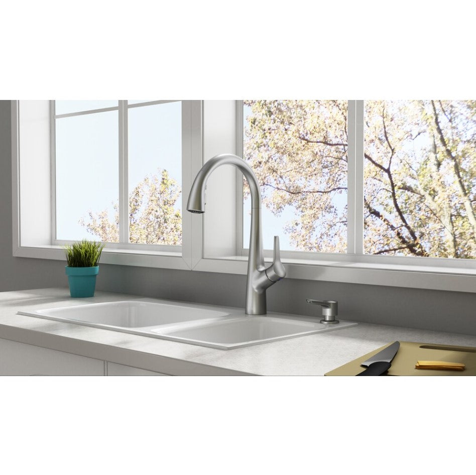 American Standard Kerris Single Handle 3-Spray Pull-Down Kitchen Faucet in Stainless Steel with Soap Dispenser - 9129301.075