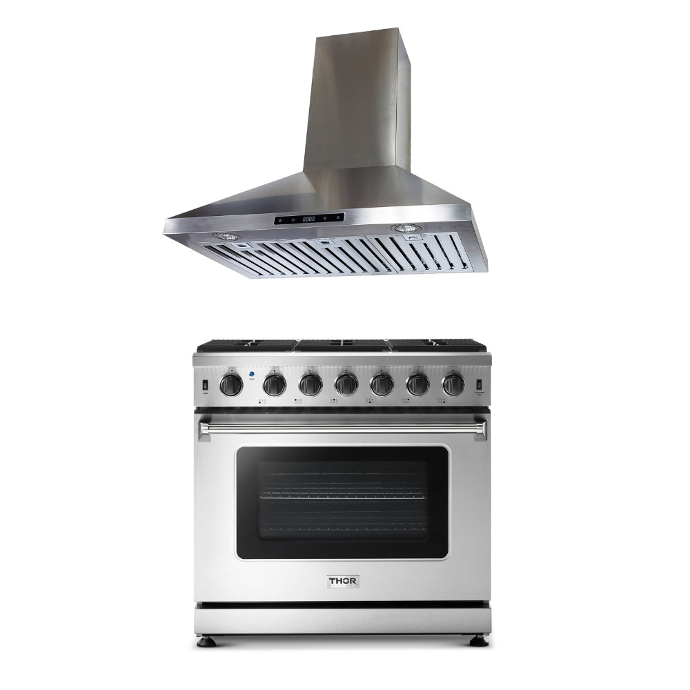 2-PC Bundle Set: Crown 36" Wall Mount Range Hood + Thor Kitchen 36" Gas Range