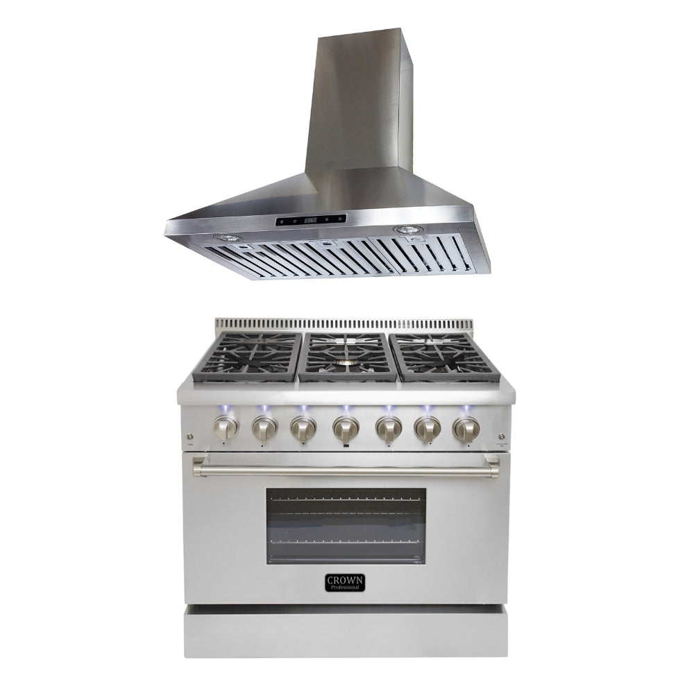 2-PC Bundle Set: Crown 36" Wall Mount Range Hood + Crown 36" Dual Fuel Gas Range