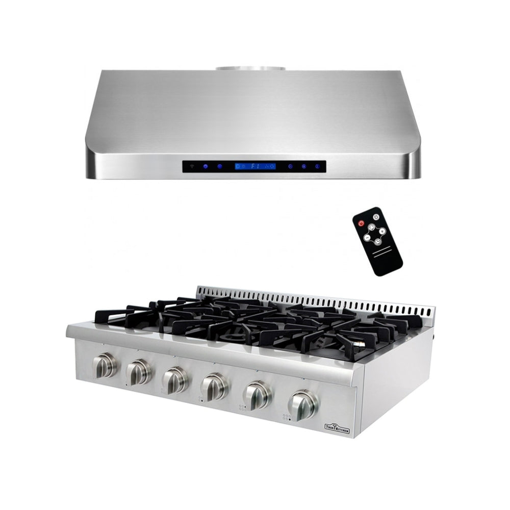 2-PC Bundle Set: Crown 36" Under Cabinet Range Hood + Thor Kitchen 36" Gas Range Top