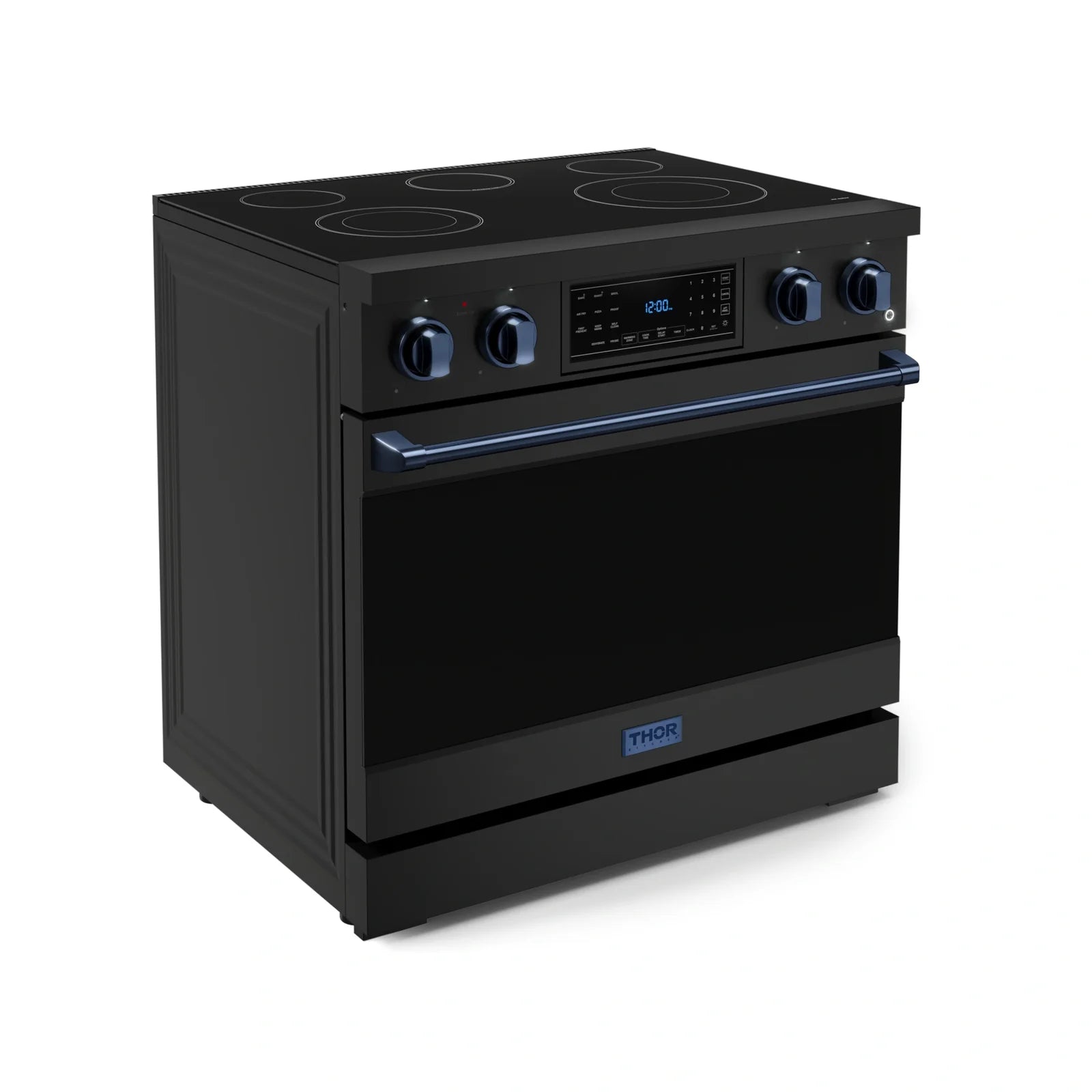 Thor Kitchen Gordon Ramsay Series 36-Inch Professional Electric Range with Tilt Panel Touch Control in Black with Navy Blue Trim RSE36B-BLU
