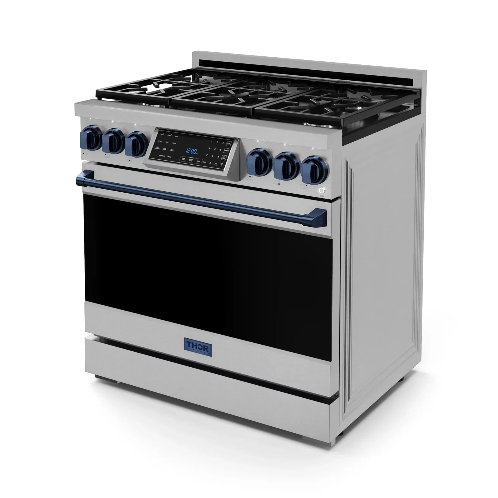 Thor Kitchen Gordon Ramsay Series 36-Inch Professional Liquid Propane/Gas Range with Tilt Panel Touch Control in Stainless Steel with Navy Blue Trim RSG36-BLU/RSG36LP-BLU